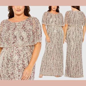 NWT $698 MAC DUGGAL [ 18W ] 93867 High Neck Column Gown with Cape Taupe‎